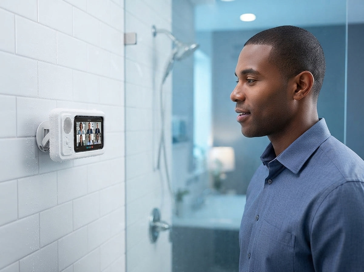 A person in a modern shower using a white waterproof phone holder with an integrated speaker to join a professional video cal