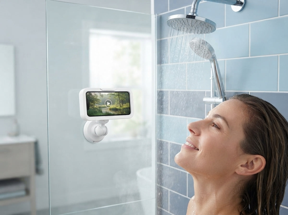 A waterproof white phone holder with a built-in Bluetooth speaker mounted to a shower wall, displaying a video on a phone scr
